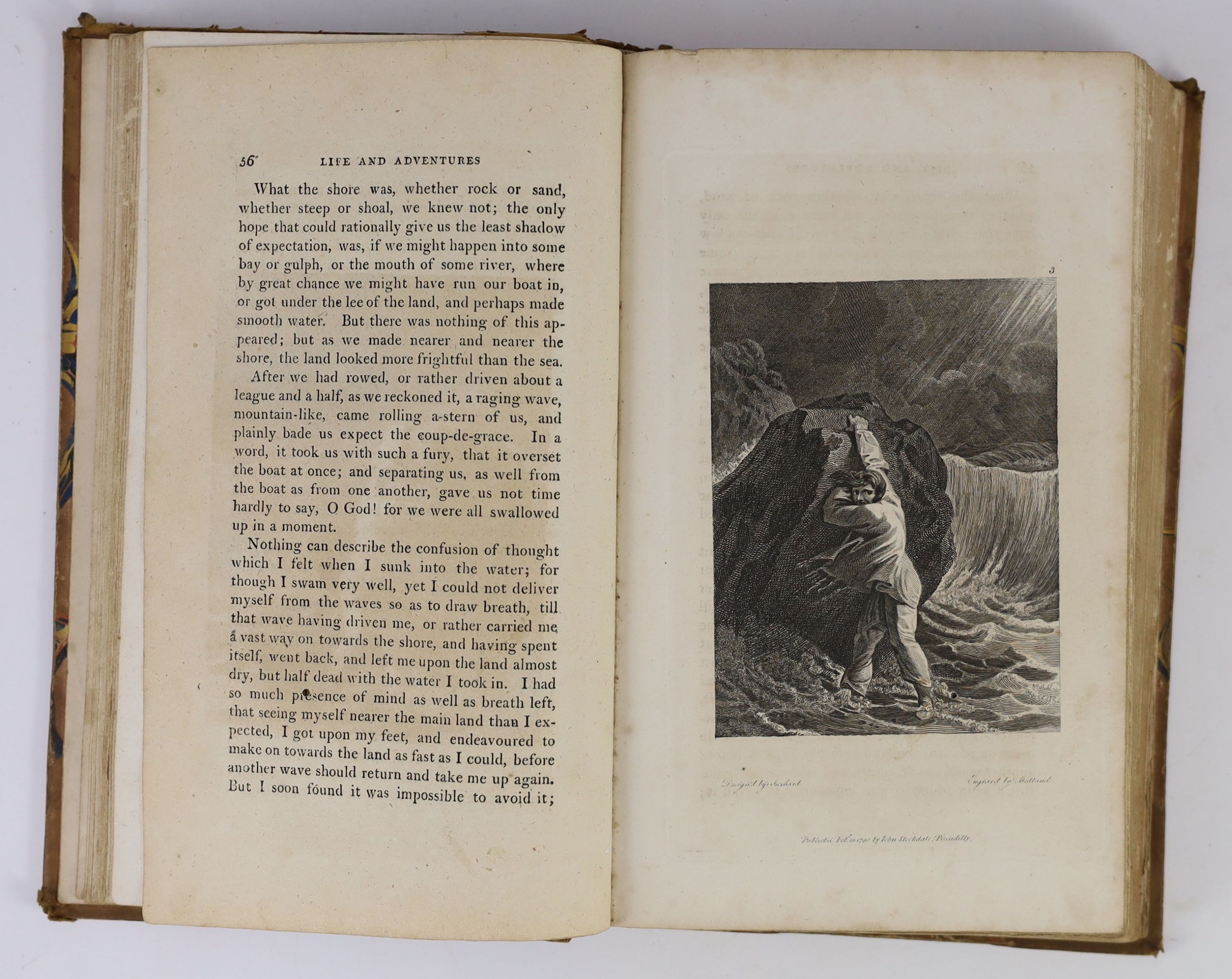 Defoe, Daniel - Robinson Crusoe, illustrated by Medland after Stothard, parts 1 & 2 only in 2 vols, 8vo, half calf, with 2 frontises, 2 engraved titles and 15 plates, occasional spotting throughout, London, 1804